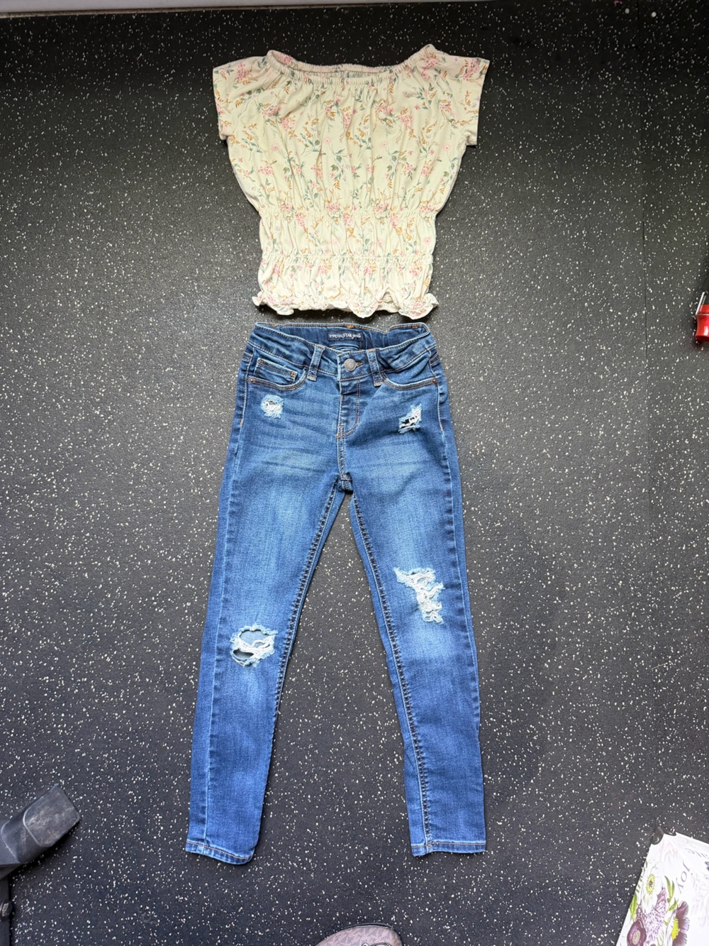 Girls Floral Top & Distressed Skinny Jeans Outfit Size 7/8 Mixed Brands